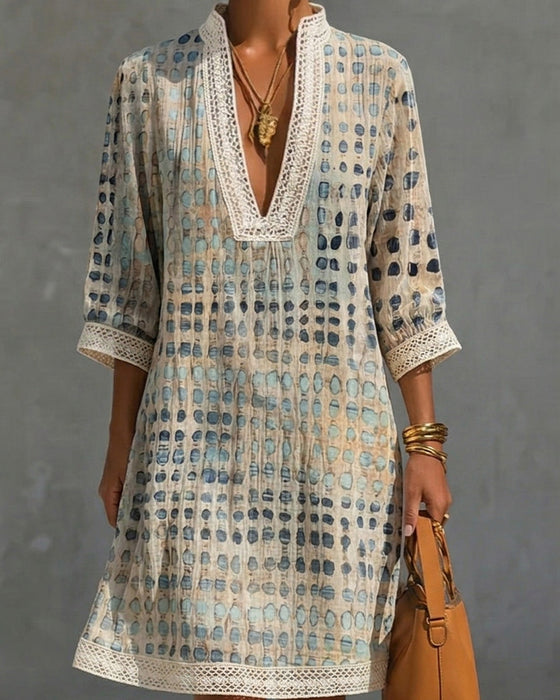 Robe Col V Pois Dentelle Patchwork Col Montant