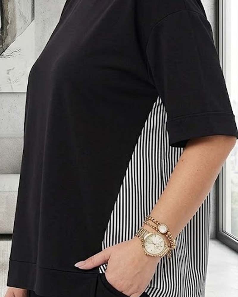 Blouse décontractée patchwork à fines rayures