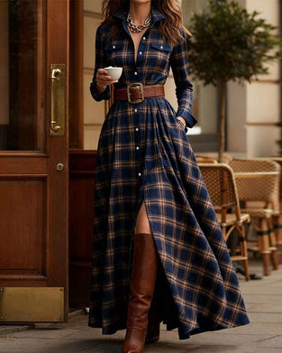 Robe À Carreaux Longue Chemise