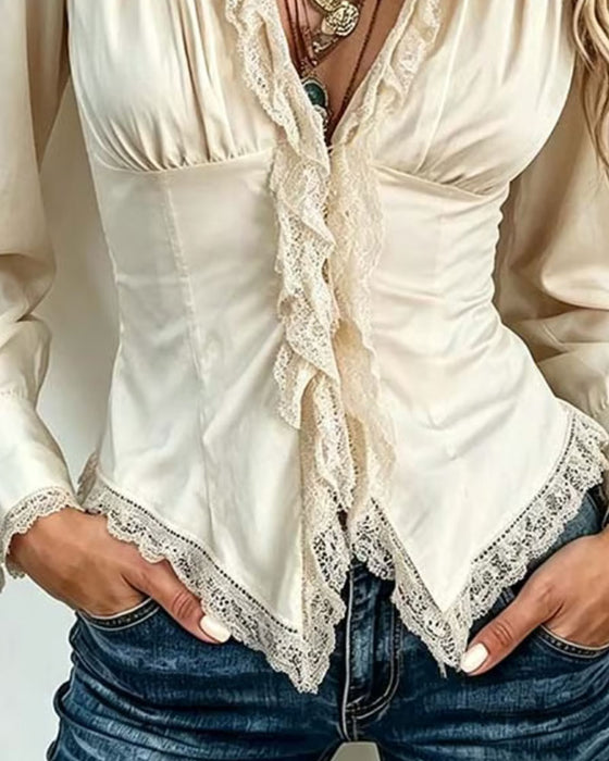 Blouse Col Dentelle Épissé Manches Longues