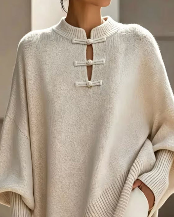 Pullover Col Mandarin Nœud Bouton Coupe Loose Cape