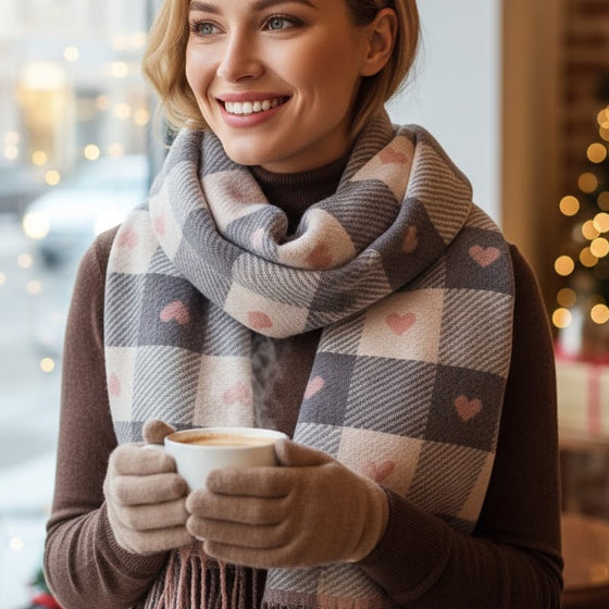 Cozy Heart Plaid Scarf – Écharpe Douce D'hiver Pour Filles Ou Couples