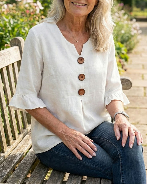 Blouses Unies Coton-Lin Boutons En Bois Volants