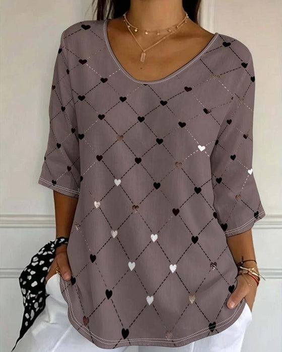 T-Shirt Cœur Carreau Col V
