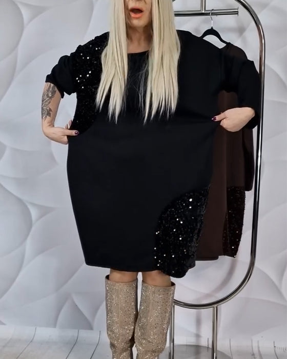 Robe Col Rond À Paillettes Patchwork