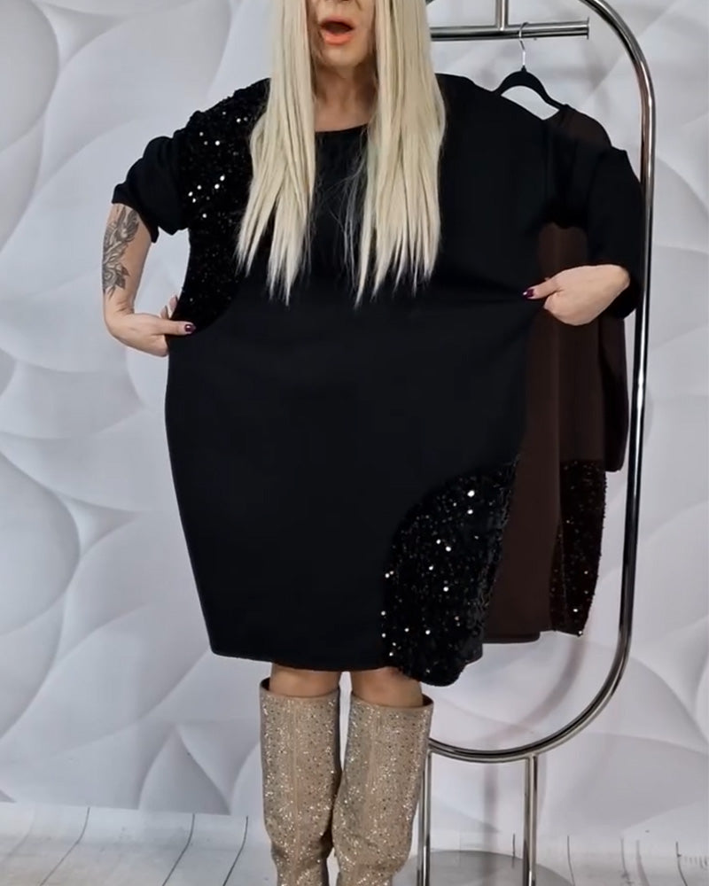 Robe Col Rond À Paillettes Patchwork