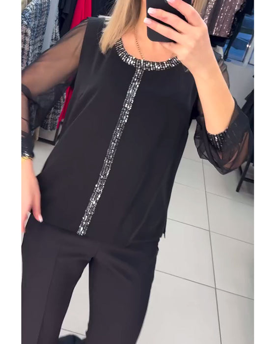 Blouse Avec Panneau De Sequins Et Manches Longues