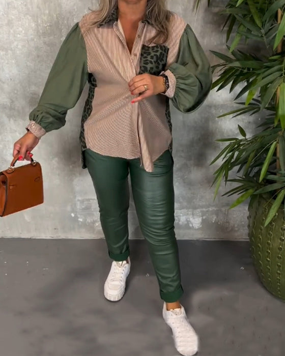 Chemise imprimée léopard à revers et manches lanternes