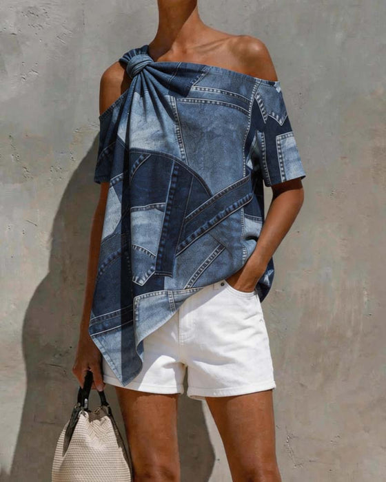 Blouse Une Épaule Twist Nœud Patchwork