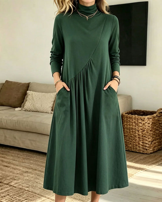 Robe Col Roulé Froncé Poche Maxi