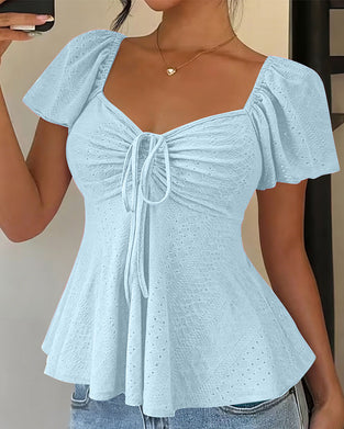 Blouse Ajourée Cordon Manches Courtes Unie