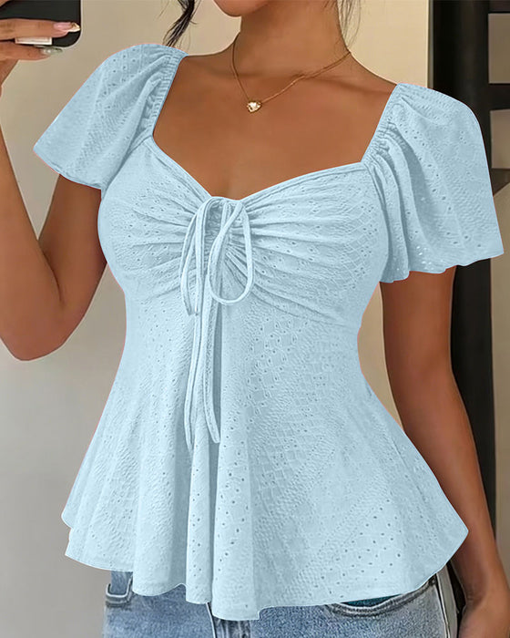 Blouse Ajourée Cordon Manches Courtes Unie