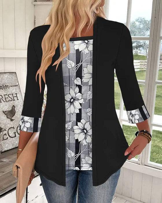 Haut Imprimé Manches Longues Faux Deux Pièces