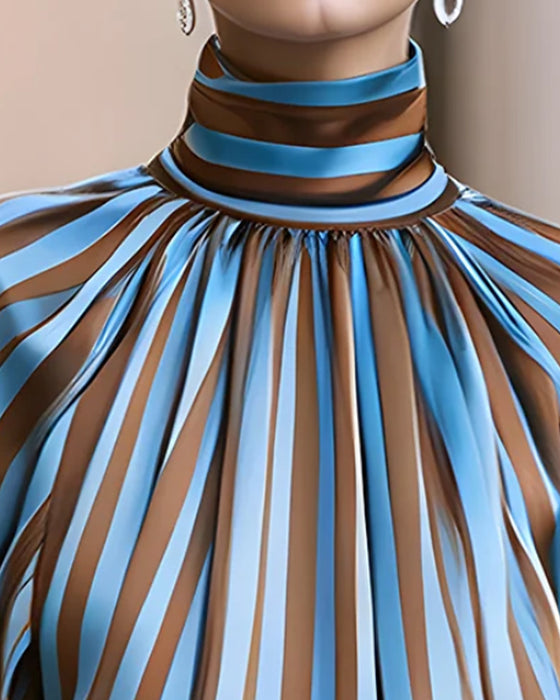 Blouse Rayure Froncée Col Roulé
