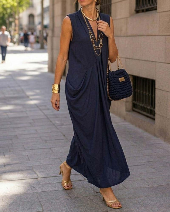 Robe Sans Manches Col V Poche