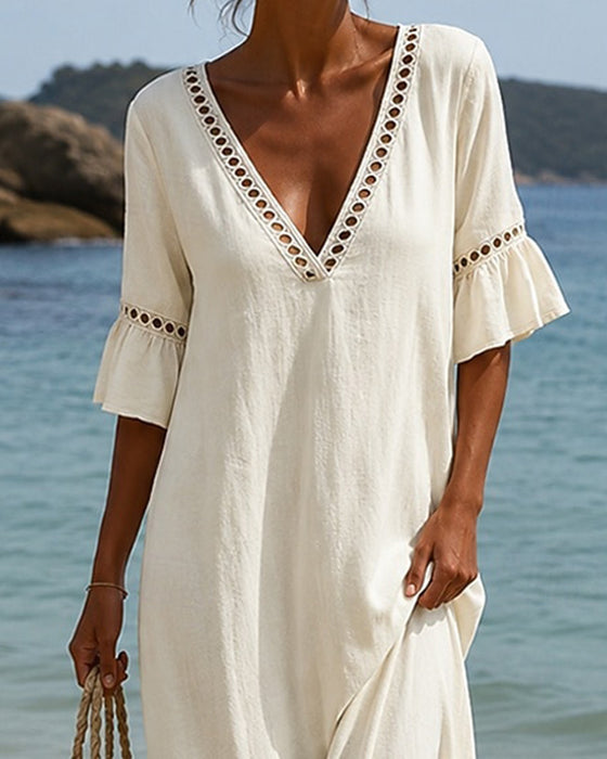 Robe Profond V Volant Manche Évidé Dentelle