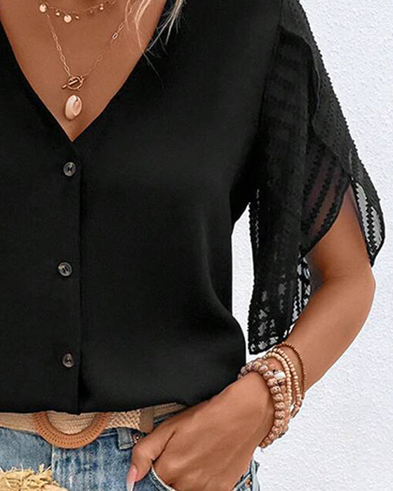 Blouse Élégante Col En V Bouton Décontractée