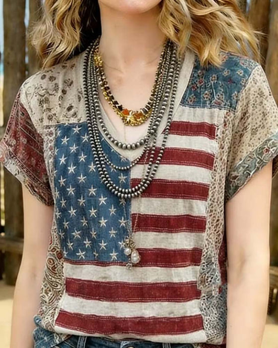 T-Shirt Col V Manches Courtes Patchwork