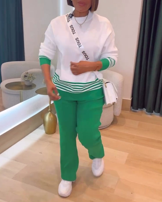 Pull Rayé Contrasté Pantalon Ensemble