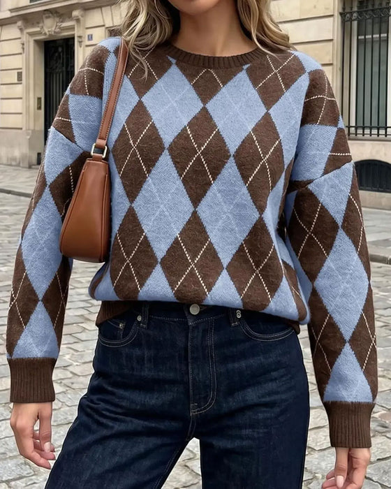 Pullover Diamant Bloc De Couleur Col Rond