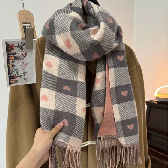 Cozy Heart Plaid Scarf – Écharpe Douce D'hiver Pour Filles Ou Couples