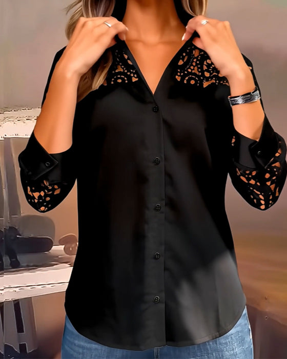 Blouse Couleur Unie Revers Dentelle Patchwork