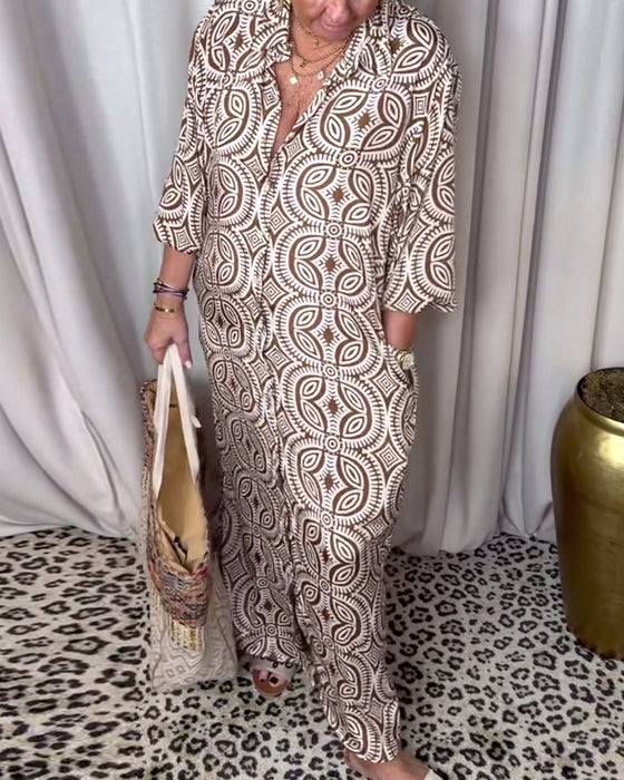 Robe longue imprimée vintage avec poche à revers