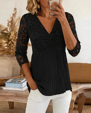 Blouse Décontractée Col En V Dentelle Panneau