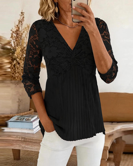 Blouse Décontractée Col En V Dentelle Panneau