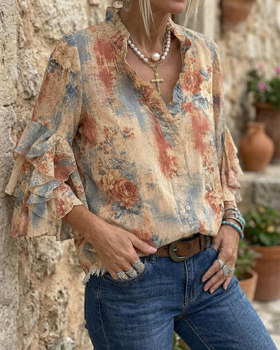 Blouse Col En V Contraste Deux Niveaux Volant