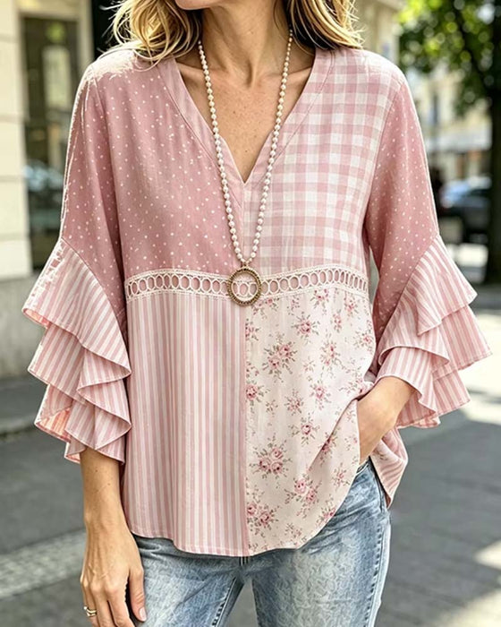 Blouse Double Couche Manches Volantées Imprimé Rayures Pois