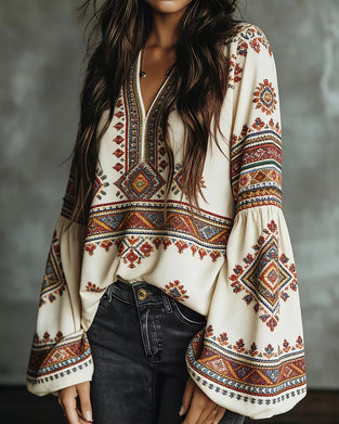 Blouse Ethnique Géométrique Imprimé Manche Lanterne