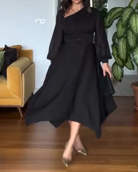 Robe Perlée Manches Bouffantes Taille Taille