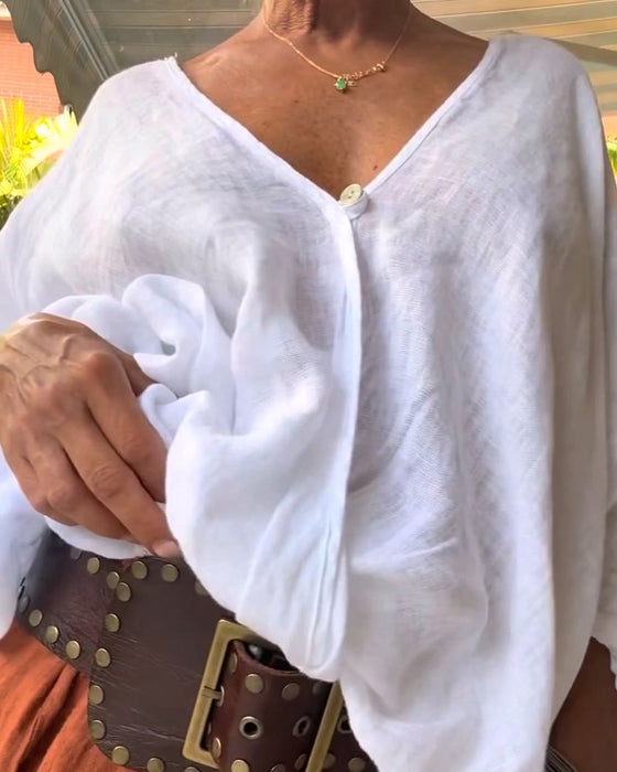 Blouse Col En V Asymétrique Unie Décontractée