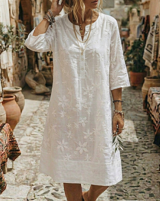 Robes Col Rond Bouton Broderie Ample