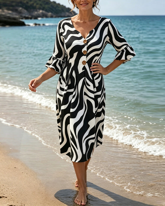 Robes Col V Bouton Zèbre Ample