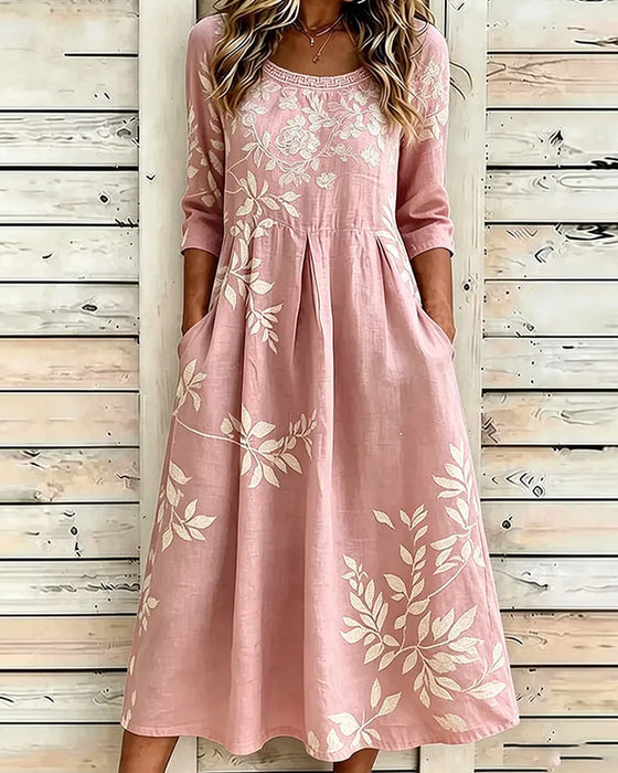 Robe Col Rond Fleuri Jupe Ample