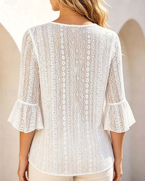 Blouse Col Rond Évidé Dentelle Patchwork