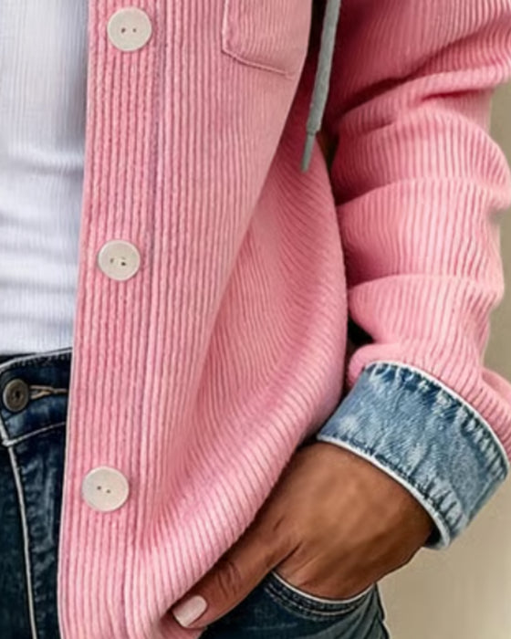 Manteau Capuche Nervuré Denim Patchwork Boutonné