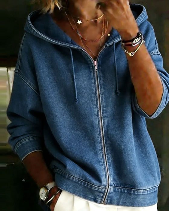 Manteau Capuche Manche Tombante Fermeture Éclair Denim