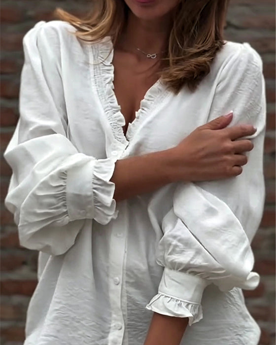 Blouse Col En V Bouton Devant Volant Manches Ballon