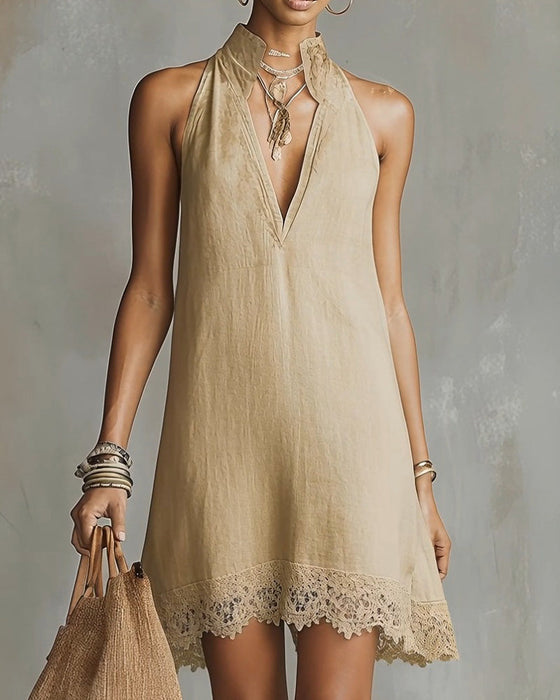Robe Col V Dentelle Garniture Courte
