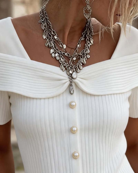 Blouse Off-Épaule Twist Tricoté Côtelé