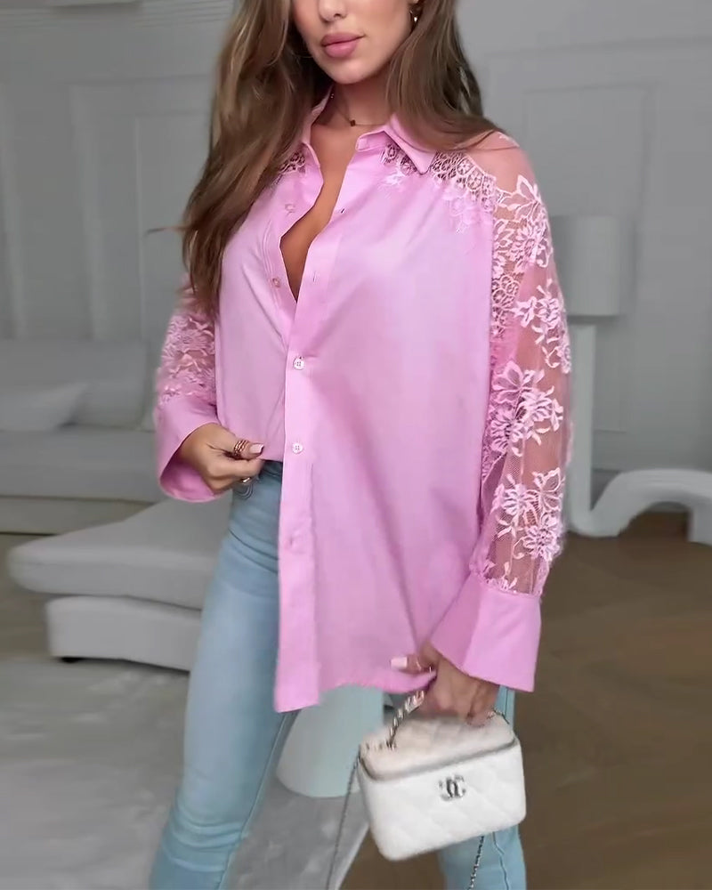 Chemise Élégante Dentelle Patchwork Revers