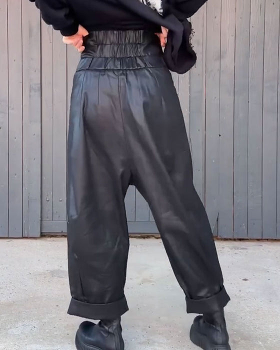 Pantalon Taille Haute Jambe Large Ourlet Roulé