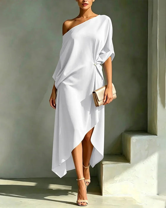 Robe Off-Épaule Froncée Irrégulière Unie