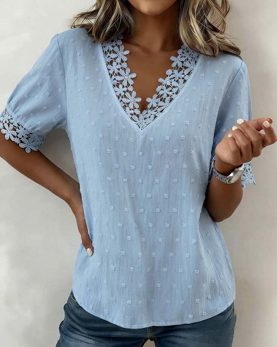 Blouse Dentelle Col En V 3D Fleuri Unie