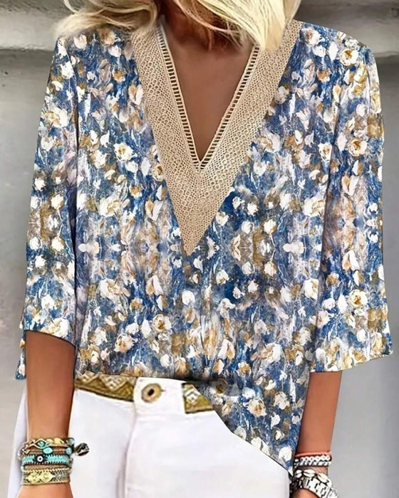 Blouse Col En V Manches Trois-Quarts Imprimé Fleuri