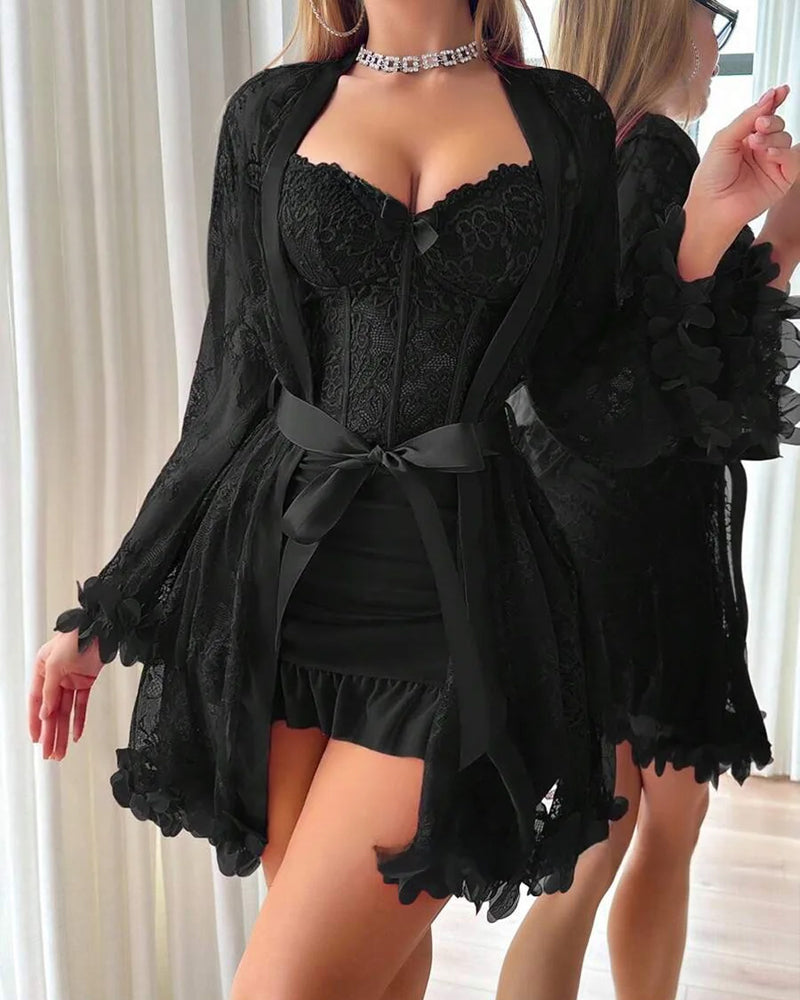 Robe Dentelle Cache-Cœur Bretelles Spaghetti Bordure Dentelle Pyjama