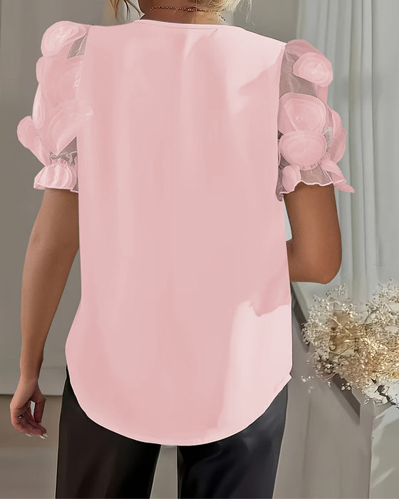 Blouse Manche Bouffante Mesh Col En V